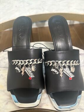 DKNY Black Slide Mules with Silver Chain & Logo Charms